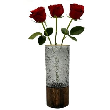 Imagem de Vaso de flores cilíndrico de vidro com base de madeira grande de 25 cm, estilo boêmio moderno de onda de água para casa, cozinha, lareira, secretárias de escritório, casas, decorações de jardim