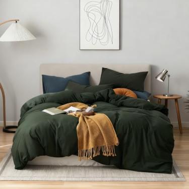 Imagem de AOJIM Conjunto de capa de edredom verde-oliva – 100% algodão de malha jersey, tamanho solteiro, sensação de linho, super macio, verde escuro, conjunto de cama de 3 peças com fecho de zíper (sem