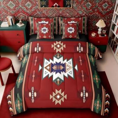 Imagem de Erosebridal Conjunto de edredom queen ocidental com lençol | Conjunto de cama geométrico de 7 peças, boêmio, asteca, decoração de quarto, tribo étnica, flecha, vermelho