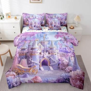 Imagem de Erosebridal Conjunto de cama castelo sonhador roxo para meninas, castelo de princesa, conjunto de edredom solteiro, 7 peças, rosa, flor de cerejeira em uma bolsa, estética romântica