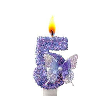 Imagem de Velas com números de aniversário, borboleta roxa para bolo, topo de bolo com glitter, com lantejoulas, para artigos de festa de casamento (número 5)