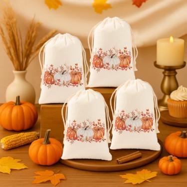 Imagem de 6 unidades de sacos de estopa de outono, sacos de cordão de abóbora, aquarela, folha de outono, colheita, bolsa de presente para outono, dia de Ação de Graças, Natal, Dia das Bruxas, decoração de