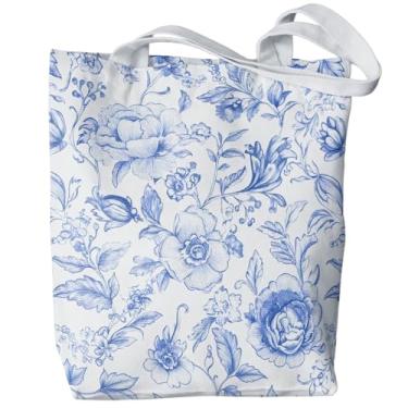 Imagem de PaJiaNi Sacola floral azul chinoiserie, sacola floral azul e branca para presentes femininos, sacolas de compras de supermercado reutilizáveis e estéticas, 40 x 34 cm