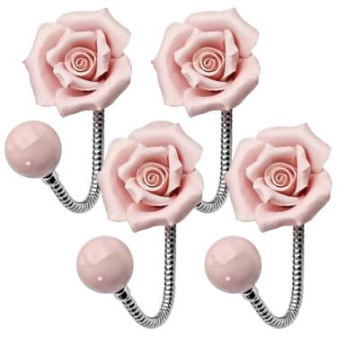 Imagem de Conjunto de 4 ganchos de cerâmica para casaco rosa, ganchos decorativos de parede de flores para toalha, bolsa, cachecol, alta capacidade de carga para sala de estar, banheiro, escritório