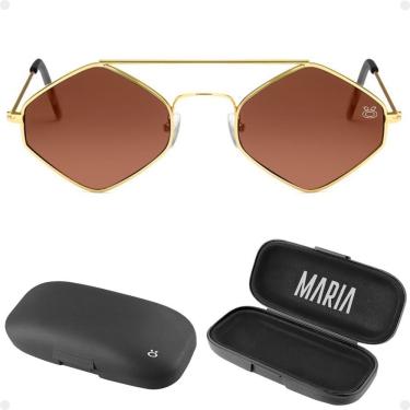 Imagem de Oculos Sol Feminino Proteção Uv Marrom Metal Losango + Case Casual Praia Proteção Uv Hype Moda Verão