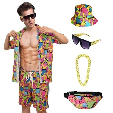 Imagem de PWQMGY Roupa masculina dos anos 80 e 90, conjunto divertido de camisa havaiana e shorts, fantasias de Halloween com acessórios de hip-hop, Vermelho, 3G