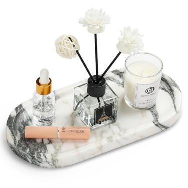 Imagem de Bandeja de banheiro de mármore natural – Bandeja de perfume Moujings genuína para decoração de casa, bandeja de mármore para banheiro organizador de bancada, lenços, velas, café, chave