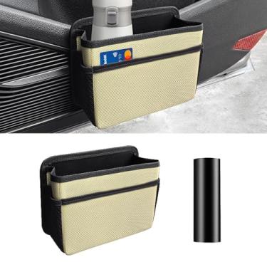 Imagem de Tioollev Caixote do lixo de carro, mini organizador de lixo dobrável para veículos, à prova d'água, mini caixote do lixo automático, recipiente de armazenamento para vans, SUVs (bege)