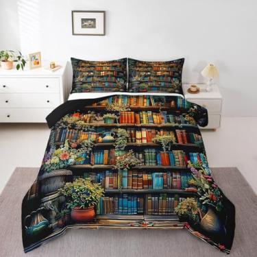 Imagem de Erosebridal Conjunto de edredom retrô, Queen, com estante vintage, para crianças, meninos, meninas, 3 peças, macio, fazenda, plantas, livros, para quarto, casa, dormitório, verde, laranja