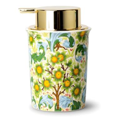 Imagem de Dispensador de sabão de espuma de cerâmica, frasco de sabão de mão de espuma de porcelana recarregável de 270 ml com bomba dourada para banheiro e pia de cozinha, botânico verde decorativo, caixa de