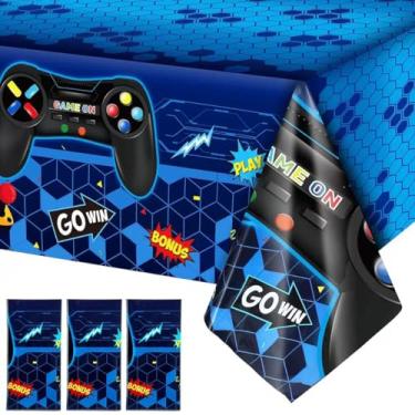 Imagem de Blzzjttt 3 peças, capa de mesa de videogame, 137 x 272 cm, tema azul, decoração de aniversário, toalha de mesa de plástico, suprimentos de festa para meninos, crianças, jogadores, geek, decoração de