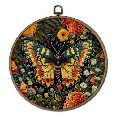 Imagem de GTYNU Decoração de parede redonda de borboleta floral vintage, impressões em tela botânica Dark Cottagecore emoldurada, Moody Wild Flower Insect Circle Decorações para pendurar na parede para casa