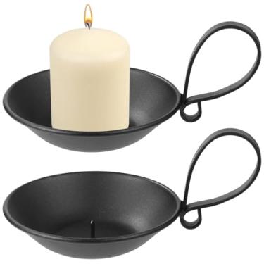 Imagem de Castiçais modernos de ferro preto de 2 peças, suportes de coluna elegantes com alça e ponta de segurança, pratos de vela minimalistas, decoração de mesa central para mesas, serve para velas de 6 a 11