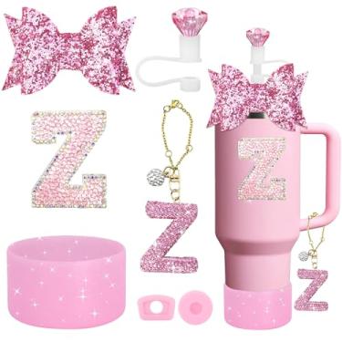 Imagem de YesMvpMvp Conjunto de acessórios de copo Stanley de 7 peças, pingente de letra para copos Stanley, incluindo canudo de diamante, canudo de laço, bota de silicone brilhante para Owala 850 g e 1,134 g