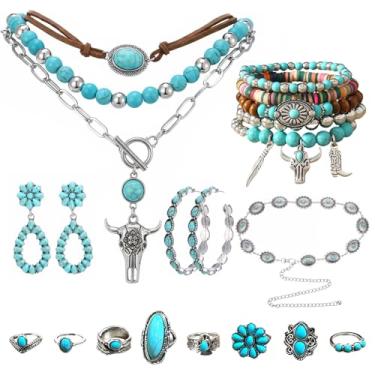 Imagem de Conjunto de 19 peças de joias turquesa ocidental para mulheres boho concho colar de cinto brincos empilháveis pulseiras anéis de junta para concerto country vintage de vaqueira ocidental