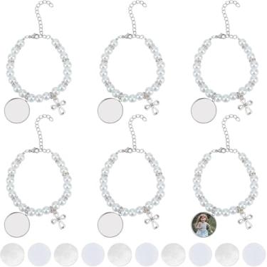 Imagem de 6 pulseiras de sublimação de transferência de calor em branco pulseiras de sublimação com contas de vidro pérola cruz berloque pulseiras para batismo de joias faça você mesmo