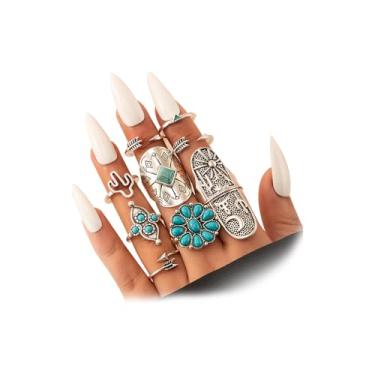 Imagem de YNZGYBY Conjunto de 9 anéis Westrn Boho Knuckle para mulheres, grosso, empilhável, turquesa, conjunta, conjunto de joias vintage de pedra natural midi empilhadas, Zinco, Sem pedra preciosa