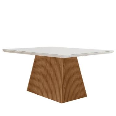 Imagem de Mesa Sala De Jantar Aida 120cm Em Mdf E Vidro Com Canto Copo Off White Imbuia Ripado