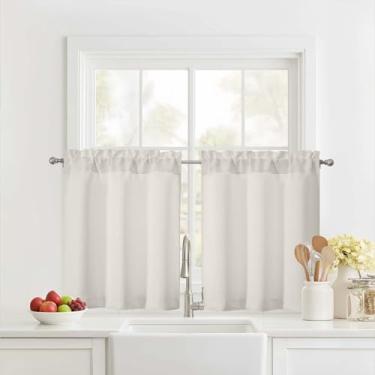 Imagem de Ebesto Cortinas curtas naturais de 61 cm de comprimento, 2 painéis, cortinas de janela de cozinha com filtragem de luz sobre a pia, meia janela com bolso para varão para armário de porão de banheiro