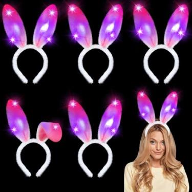 Imagem de Camlinbo Pacote com 6 faixas de cabeça de coelho de pelúcia de LED da Páscoa, 3 modos que acendem com orelhas de coelho rosa fofas, acessórios de fantasia de coelho para crianças, adultos, mulheres, meninas, cesta de Páscoa, lembrancinhas de festa