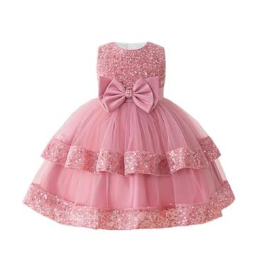 Imagem de OBEEII Vestido infantil de dama de honra para casamento, festa de formatura, lantejoulas, tule, tutu, baile, princesa, sem mangas, desfile, baile, aniversário, laço, camadas, babados, rosa, 7 anos