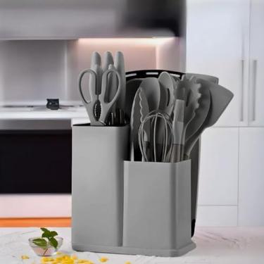 Imagem de Utensilios para Cozinha Silicone Kit com 19 Peças Cabo Madeira Conjunto Completo Espátula Concha Colher Jogo Suporte Faca Antiaderente Tabua Tesoura Faqueiro (Cinza)
