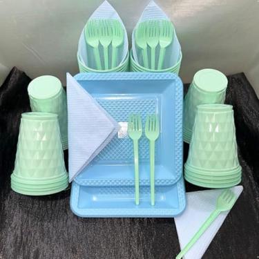 Imagem de Kit Festa Descartável 180 Itens Premium com Pratos Copos Talheres Cores Pastel para Aniversário (Verde Azul Candy)