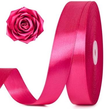 Imagem de Jutieuo Fita de cetim rosa choque de 2,5 cm, 100 metros, rolo de fita de tecido sólido vermelho rosa para buquê de flores, embrulho de presente, fabricação de rosas, artesanato artesanal