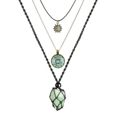 Imagem de YJTSWDXY Colar Boho com pingente empilhado em camadas, pingente de pedra natural, moda praia, gargantilha, joia vintage, presente para mulheres, 30 in, Pedra Zinco Nylon, Fluorita verde