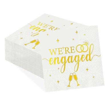 Imagem de 100 peças de guardanapos de papel We're Engaged 3 Ply Gold Foil Engagement Toalhas de mão absorventes descartáveis anel de diamante dourado champanhe guardanapos de convidados para noivado, casamento