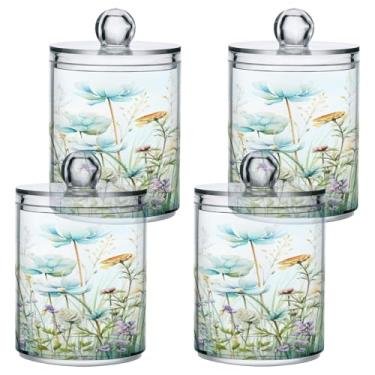 Imagem de ATTX Dispensador de suporte Qtip Fresh Plants para bola de algodão, cotonete, frasco de boticário de plástico transparente, pote de armazenamento de cozinha para decoração de casa, pacote com 4 (246)