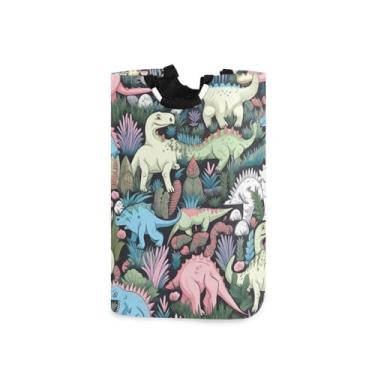 Imagem de Blueangle Cesto de roupa suja dobrável colorido de dinossauro com alças – Saco de cesto de roupa impermeável dobrável | Solução de armazenamento de roupas que economiza espaço para dormitório