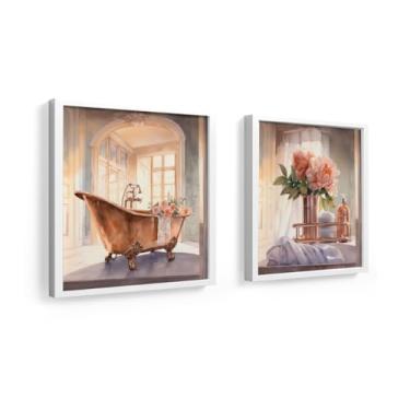 Imagem de kit 2 quadros decorativos banheiro, lavabo, toalete, flores, Rose gold, vasos, vidro 18x18 cm(Branco)