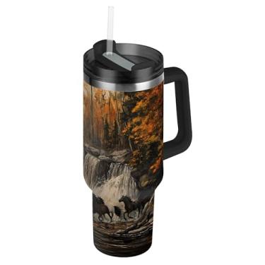 Imagem de SEHANY Copo Majestic Horse de 850 g com tampa e canudo, aço inoxidável de vácuo duplo isolado garrafa de água esportiva suporte de copo de café de viagem à prova de vazamento para bebida gelada