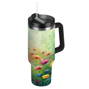 Imagem de Blueangle Copo de pintura de flores coloridas de 850 g com alça e tampa de palha, caneca de viagem de aço inoxidável isolada a vácuo de parede dupla, garrafa de água reutilizável para academia de