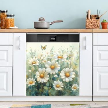 Imagem de ATTX Capa de ímã de aquarela prado margaridas para lava-louças, 58,4 cm C x 66 cm A decoração da capa da máquina de lavar louça, decalques de armário doméstico eletrodomésticos adesivos #203