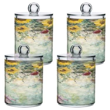 Imagem de ATTX Dispensador de suporte Qtip de girassol para bola de algodão, cotonete, frasco de boticário de plástico transparente, decoração de casa, pote de armazenamento de cozinha, pacote com 4 (345)