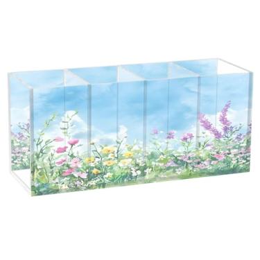 Imagem de SEHANY Porta-canetas de acrílico com flores silvestres coloridas, 4 compartimentos, porta-lápis transparente, organizador de pincéis de maquiagem, organizador de papelaria para escritório, casa