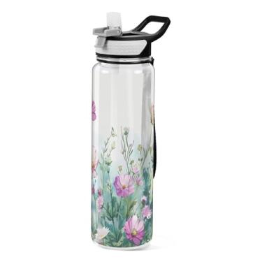 Imagem de ATTX Garrafa de água de jardim de verão em aquarela, 947 ml, à prova de vazamento e livre de BPA, garrafas de água reutilizáveis de plástico Tritan para viagens, academia, corrida, fitness #370