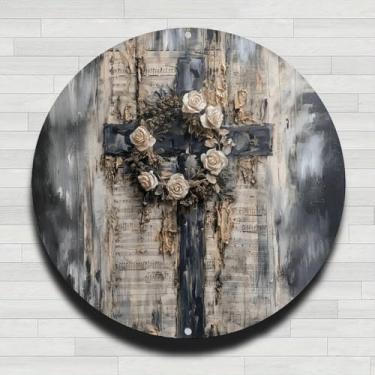Imagem de Cruz com grinalda rosa em partitura vintage rústica alumínio metal placa de parede redonda, sem relógio real, presentes internos e externos de 20 cm e decoração para casa, escritório, café e quintal