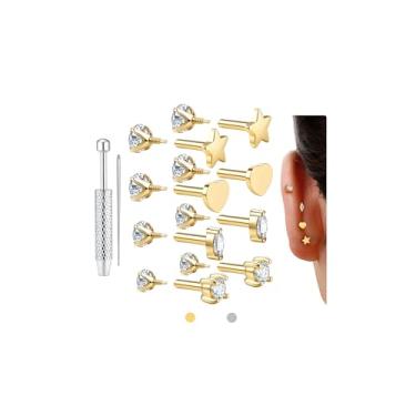 Imagem de GEMQUEEN Brincos reversíveis de costas planas, hipoalergênicos, brincos de aço cirúrgico preenchidos com ouro 14K, cartilagem, hélice, tragus, concha, piercing de concha, brincos de linha interna