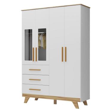 Imagem de Guarda Roupa Infantil Retrô 4 Portas Com Janelas E 3 Gavetas Branco Brilho/amêndoa - Móveis Peroba