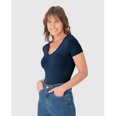 Imagem de Blusa Básica Feminina Decote V Em Viscose Stretch - Malwee, Azul escur