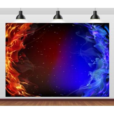 Imagem de Loccor 2,4 x 1,8 m tecido gelo e fogo pano de fundo abstrato vermelho fogo azul água contra fundo fotográfico bombeiro decorações de festa de aniversário selfie adereços de estúdio fotográfico