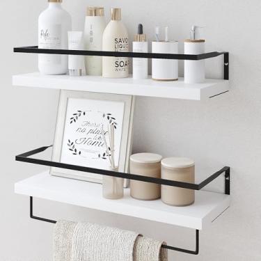 Imagem de LUDORU Prateleiras flutuantes de madeira branca montadas na parede – Prateleiras de parede de banheiro rústicas de 2+1 camada sobre vaso sanitário com barra de toalha, conjunto de 2 prateleiras