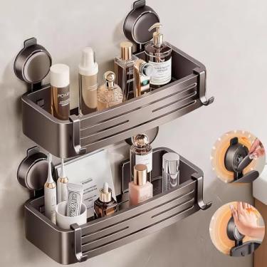 Imagem de GHYFFF Suporte de chuveiro com ventosa, 2 prateleiras de chuveiro com ganchos, organizador de chuveiro de sucção de alumínio sem perfuração, à prova d'água e à prova de ferrugem (cinza - pacote com 2)