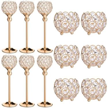 Imagem de Patelai O conjunto de castiçais de cristal dourado inclui 6 castiçais de pilar de cristal dourado e 6 castiçais de vela para mesa de festa de casamento de Natal, decoração de casa, presente