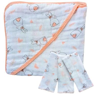 Imagem de Kit Bebê Completo Toalha de Banho Soft com Capuz + 3 Paninhos de Boca 100% Algodão (Coelha)