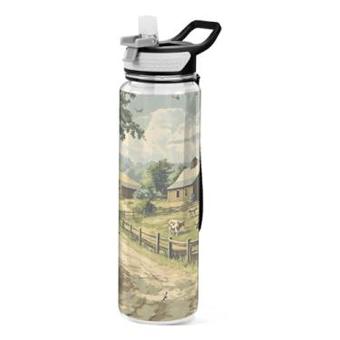 Imagem de xigua Garrafa de água A Farm with Cows com tampa de canudo transparente à prova de vazamentos para esportes ao ar livre, bebida, fitness, treino, viagem, 940 ml