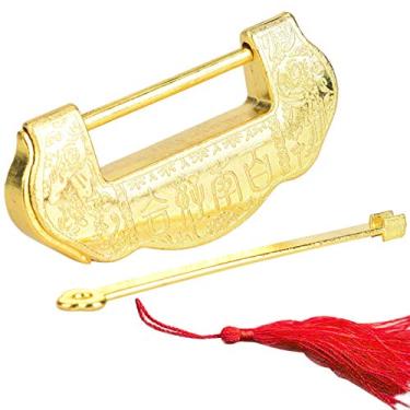 Imagem de Fechadura antiga de liga de zinco estilo retrô vintage fechadura de porta decorativa com borla para decoração de casa móveis caixa de joias bronze dourado 7,5 cm (Ouro)